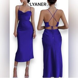 Lyaner Navy Blue Satin Midi Dress Cut Out Strappy Sexy Formal Wedding Event
